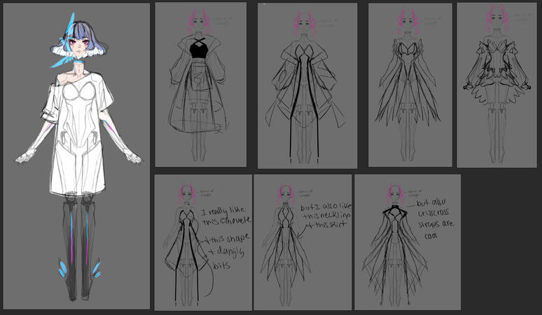 Character & outfit design process and examples